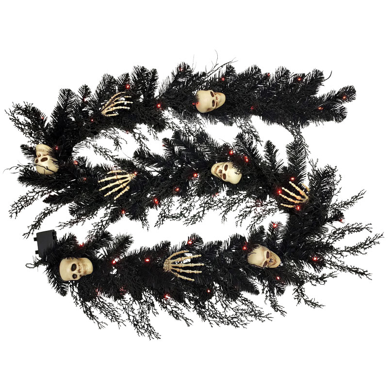 9' Prelit LED Black Skull Garland