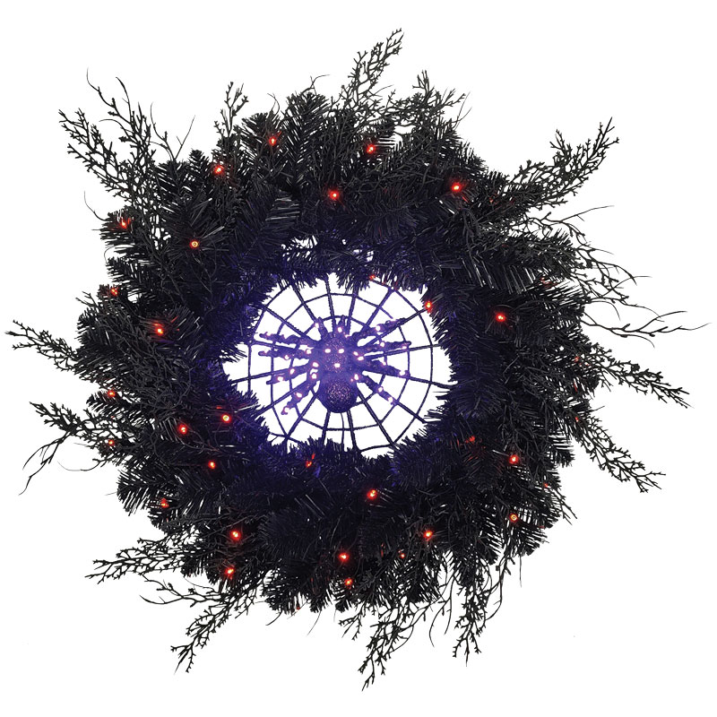 24" Prelit LED Black Spider Wreath