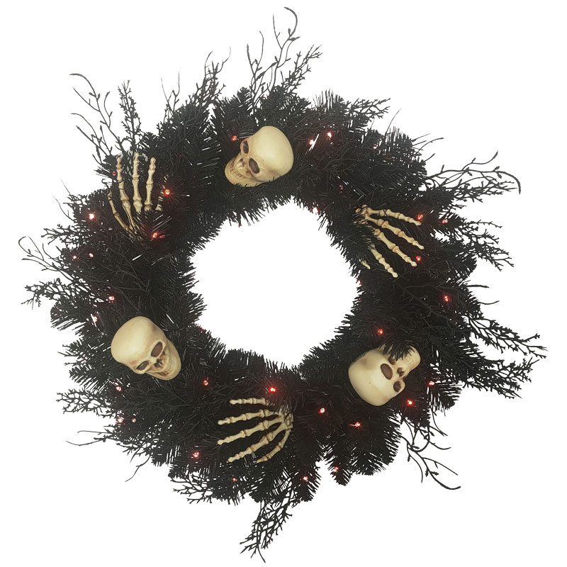 24" Prelit LED Black Skull Wreath