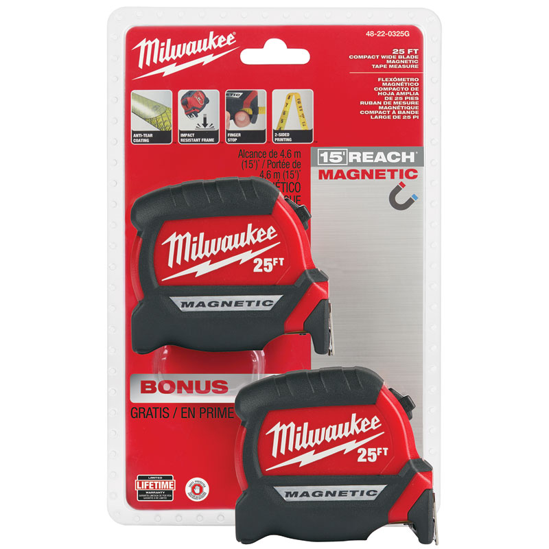 Milwaukee® 25' Wide Blade Magnetic Tape Measure 2/Pk.,