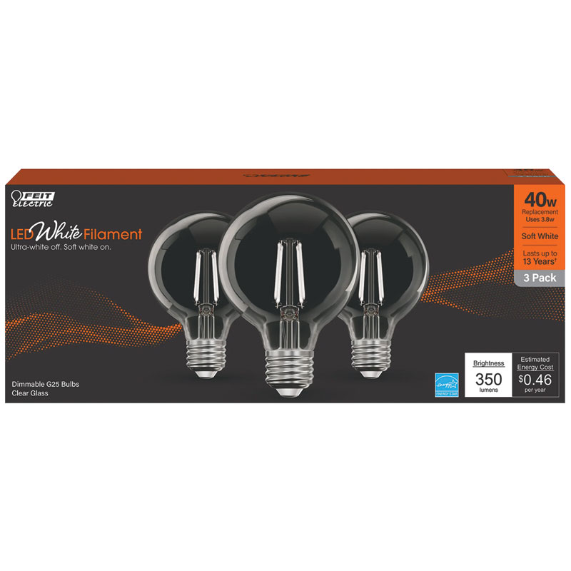 Feit White G25 E26 Filament LED Bulb Soft White, 3 Pk.