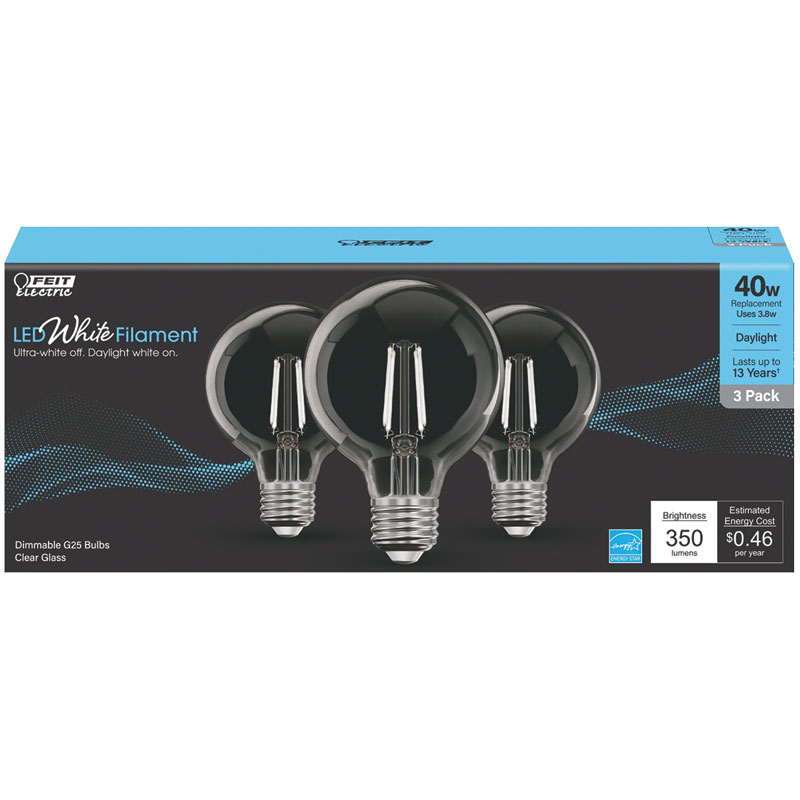 Feit White G25 E26 Filament LED Bulb Daylight 40W Equivalent, 3 Pk.