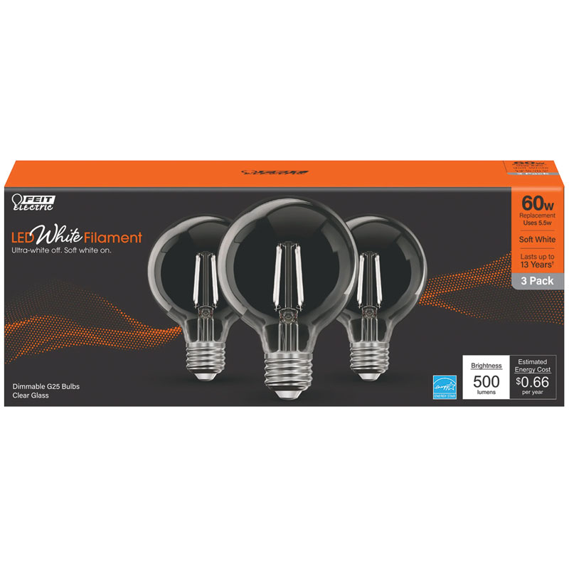 Feit White G25 E26 Filament LED Bulb Soft White 60W Equivalent, 3 Pk.