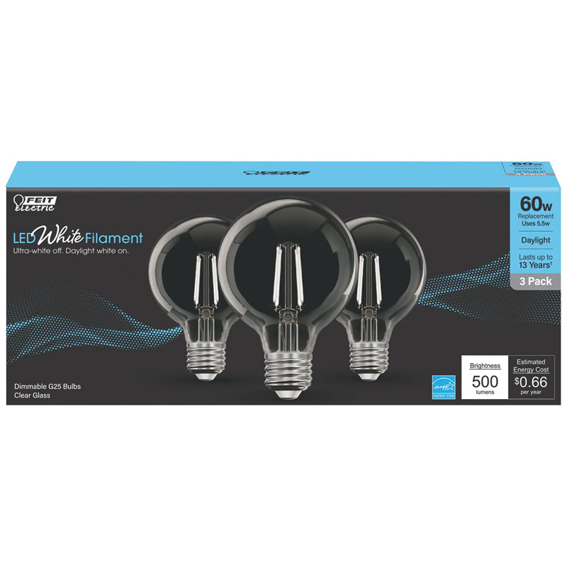 Feit White G25 E26 Filament LED Bulb Daylight 60W Equivalent, 3 Pk.