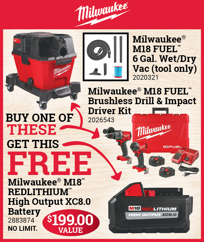 Milwaukee® M18 FUEL™ Wet/Vac or Drill & Impact Driver / Free Battery Deal